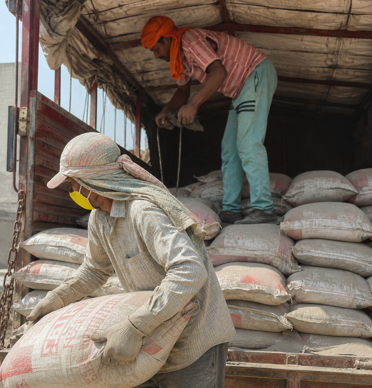 Worker handling cement bags